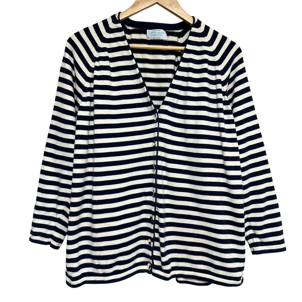 Vintage United Colors of‎ Benetton Striped Cardigan Sweater Womens L Navy Preppy